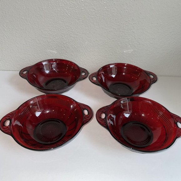 4 Anchor Hocking Coronation Royal Ruby Red 4 1/2” Handled Berry Dessert Bowls - Picture 2 of 6